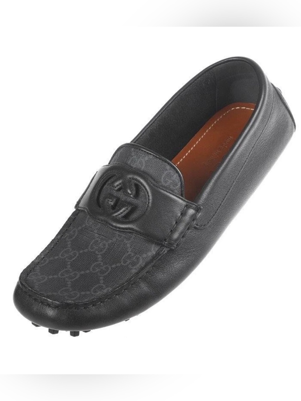 NEW GUCCI BLACK LEATHER NTELOCKING CUT OUT LOGO DRIVER MOCCASIN SHOES 6/US 6.5